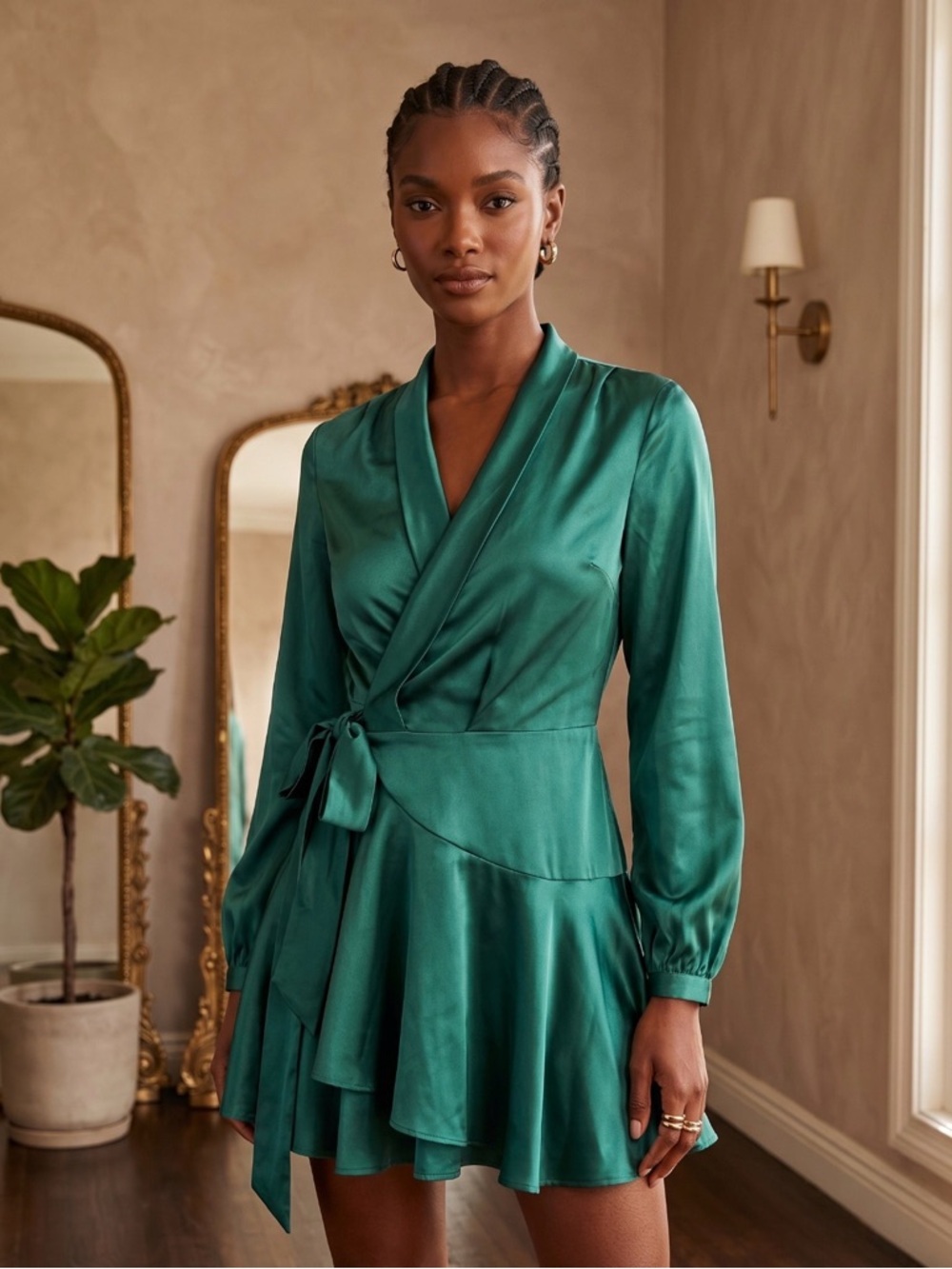 Emerald Satin Wrap Mini Dress Long sleeve - S